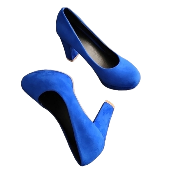 COBALT BLUE VEGAN SUEDE Platform Pumps 7.5 Heels Y2K Vibe Chunky Heel - Picture 11 of 16
